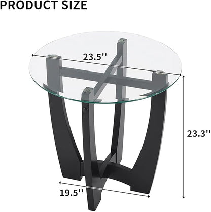 Glass End Table, 23.5" Round Side Tables with Tempered Glass Top Cross and Solid Wood Base Small Night Stand for Living Room Office Apartment Black