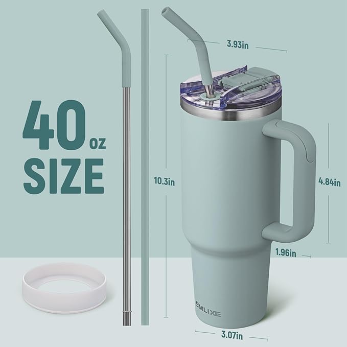 40 oz Tumbler with Handle and Straw Lid,Insulated Reusable Stainless Steel Water Bottle Travel Mug，Cupholder Friendly Double Wall Vacuum Sealed Cup (Shale)