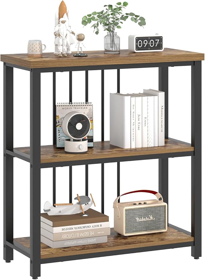 FOLUBAN 3 Tier Bookshelf, Industrial Wood and Metal Bookcase, Small Book Shelf for Home Office Bedroom Living Room, Rustic Brown