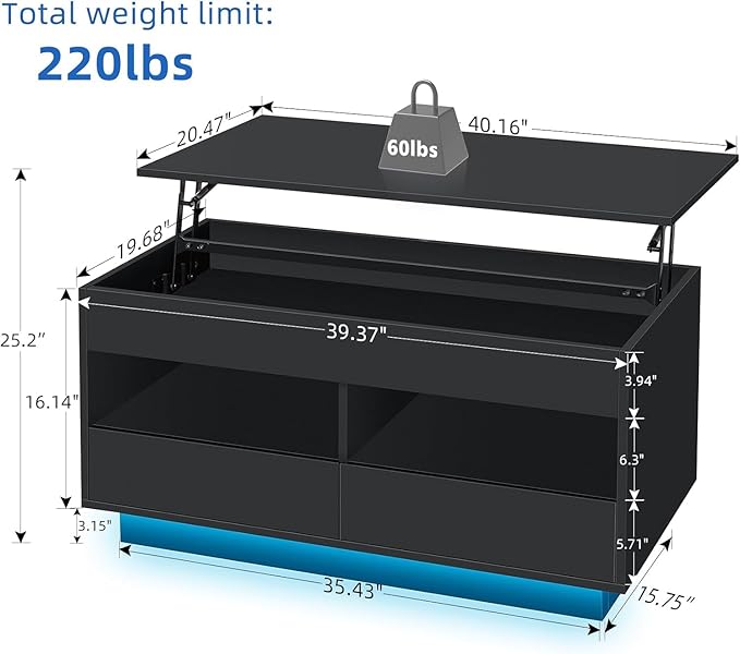 LED Coffee Table with Lift Top Morden Coffee Table with Storage High Gloss Black Sofa Table for Living Room Center Tables Hidden Compartment & 2 Drawers & 2 Open Shelve