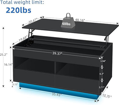 LED Coffee Table with Lift Top Morden Coffee Table with Storage High Gloss Black Sofa Table for Living Room Center Tables Hidden Compartment & 2 Drawers & 2 Open Shelve