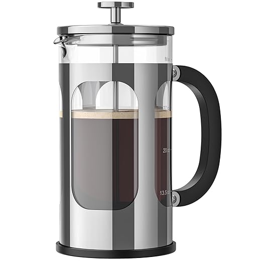Veken French Press Coffee Maker 34oz 1 L, Heat Resistant Thickened Borosilicate Glass, No Plastic Touching Cafe, Stainless Steel Brewer, Cold Brew Cafetera Teapot for Kitchen Travel Camping, Silver