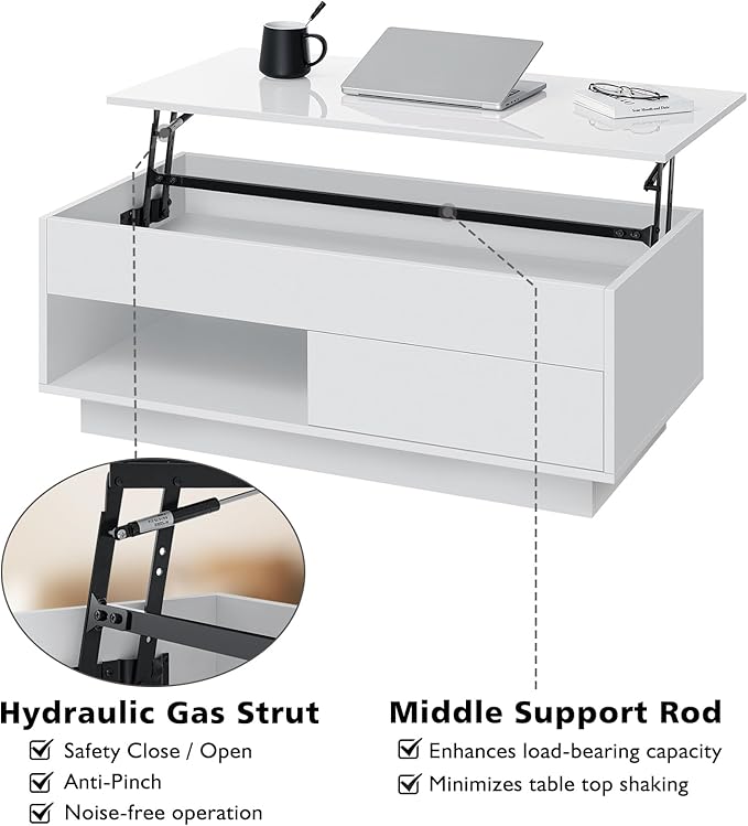 HOMMPA 40“ Lift Top Coffee Table with Storage LED Coffee Table Morden High Gloss Living Room 3 Tiers Modern Tea Table with Storage Center Tables Hidden Compartment & Open Shelve & Drawer White