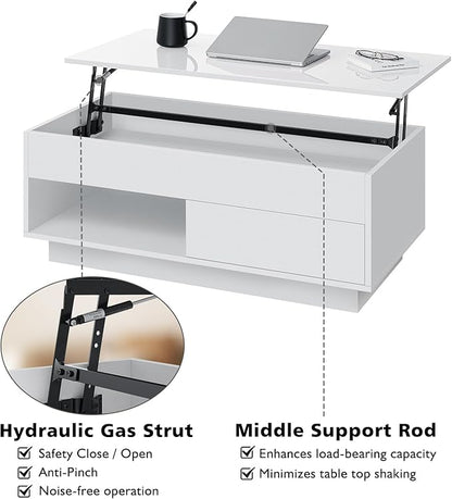 HOMMPA 40“ Lift Top Coffee Table with Storage LED Coffee Table Morden High Gloss Living Room 3 Tiers Modern Tea Table with Storage Center Tables Hidden Compartment & Open Shelve & Drawer White