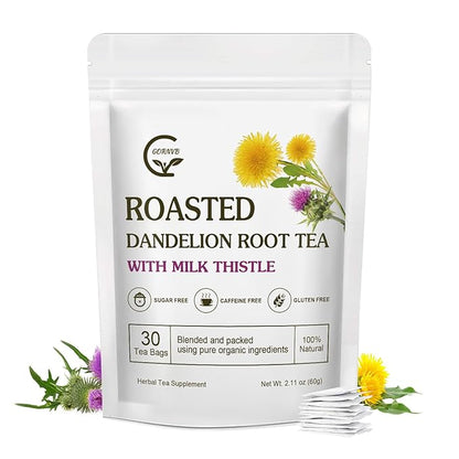 Organic Roasted Dandelion Root Tea with Milk Thistle Tea - Supports Kidney Function and Liver Function, 30 Tea Bags