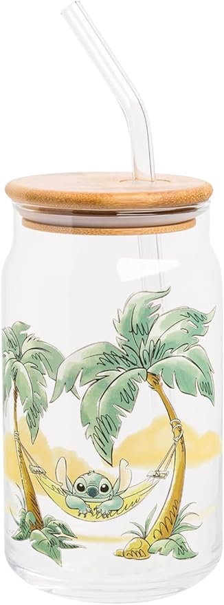 Silver Buffalo Disney Lilo and Stitch Relaxing Chilling in Hammock Island Glass Jar Tumbler with Bamboo Lid and Glass Straw, 16 Ounces