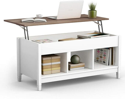 DORTALA Lift Top Coffee Table, Wood Cocktail Table w/Hidden Compartment & Lower Storage Shelves, Wood Laptop Table, Lift Tabletop Home Furniture for Living Room, Guest Room, Office, White