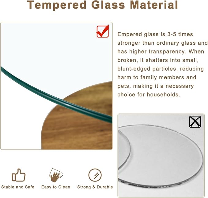 42 Inch Glass Coffee Table，Round Coffee Table with 2-Tier Tempered Glass Tabletop，Easy to Clean Circle Coffee Table with Sturdy Base for Living Room，Office （Brown Colored Base）