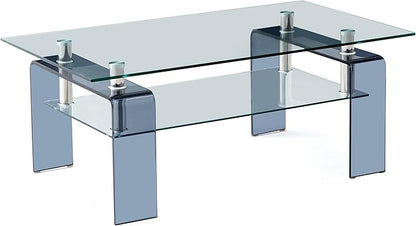 Glass Coffee Table Rectangle Living Room Center Table with Storage, Clear Tempered Glass Tabletop and Smoke Grey Leg,for Living Room and Office (Clear+Smoke)