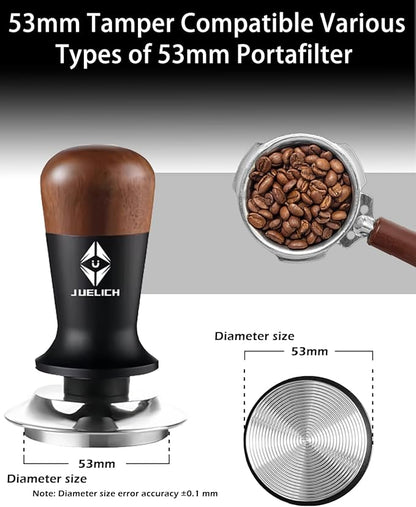 53mm Coffee Tamper with Wooden Handle –Spring Loaded Espresso Tamper, 51mm Stainless Steel Coffee Distributor, Classic Series Barista Hand Tool (53mm)