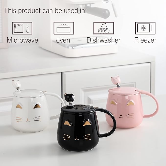 Yuwu Cat Mug Cute Coffee Mug gifts for cat lovers Ceramic Cup, Novelty Mug with Lid and Stainless Steel Spoon, Christmas Birthday Gifts Present for kids Women Girls (Black)