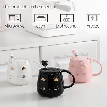 Yuwu Cat Mug Cute Coffee Mug gifts for cat lovers Ceramic Cup, Novelty Mug with Lid and Stainless Steel Spoon, Christmas Birthday Gifts Present for kids Women Girls (Black)