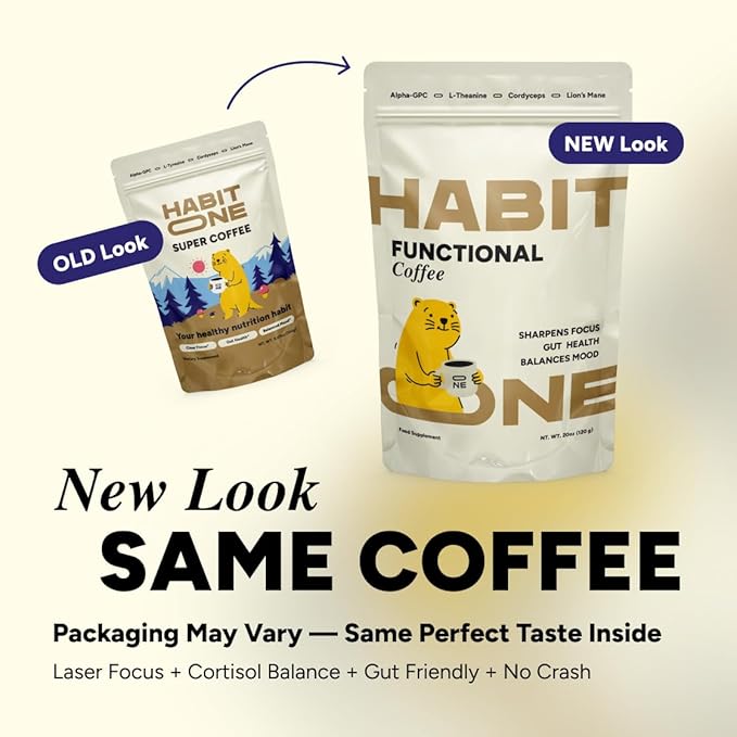 HabitONE Organic Mushroom Coffee Arabica – Lion’s Mane, Cordyceps, Reishi, Chaga – Alpha-GPC & L-Tyrosine, B12 & B3 – Better Energy, Focus, Digestion & Immunity – Made in USA – 30 Servings - Unroasted Coffee Beans