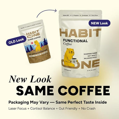 HabitONE Organic Mushroom Coffee Arabica – Lion’s Mane, Cordyceps, Reishi, Chaga – Alpha-GPC & L-Tyrosine, B12 & B3 – Better Energy, Focus, Digestion & Immunity – Made in USA – 30 Servings - Unroasted Coffee Beans