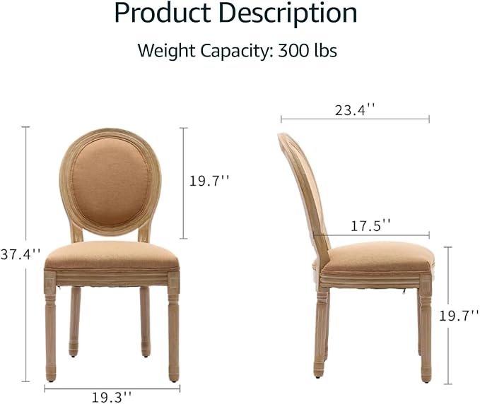 French Country Dining Chairs Set of 4, Amber Cane Back Rattan Dining Chairs with Linen Upholstered Seat, Solid Wood Legs, Farmhouse Kitchen & Dining Room Chairs, Sillas De Comedor (Amber, 4Pcs)