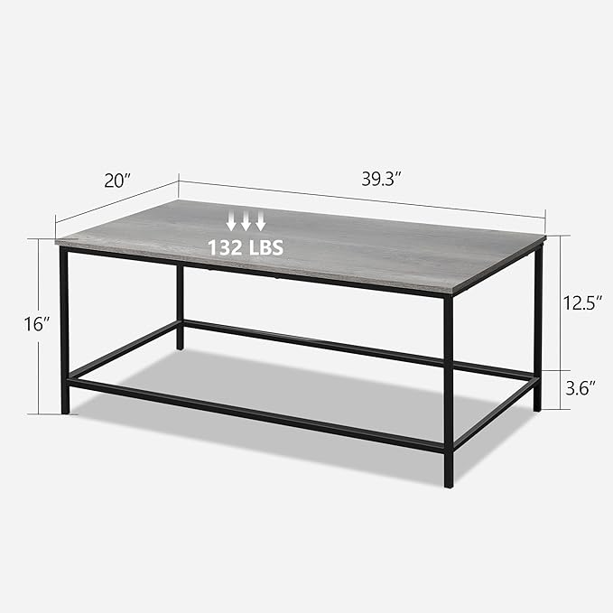 SENIG Modern Coffee Table, Industrial Style Rectangular Table, Grey Wood and Sturdy Metal Side End Table, Rustic Accent Functional Coffee Table for Living Room. 39.3 x 20 x 16