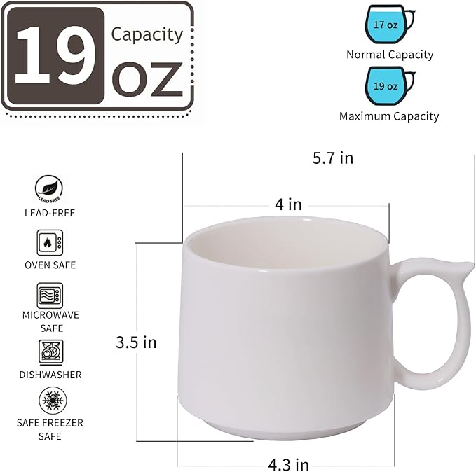 Large Coffee Mugs Set of 4, 19 oz Stackable Ceramic Coffee Mug, Coffee Cups with Large Handle for Latte, Cappuccino, Milk, Tea, Dishwasher & Microwave Safe, Ideal for Men, Women - Multicolor