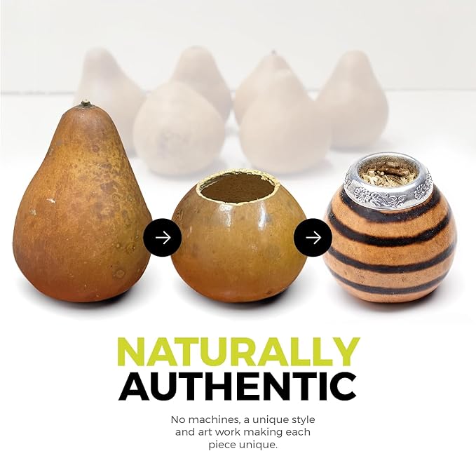 BALIBETOV Yerba Mate Gourd Set (Original Natural Handmade Yerba Mate Cup Argentina) - Includes Mate Tea Cup, Bombilla (Mate Straw) and Clean Brush - Classic Mate Cup and Bombilla Set (01)