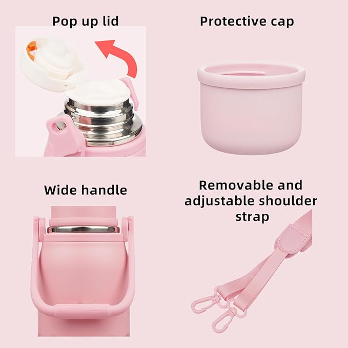 BJPKPK Insulated Water Bottle 40oz Stainless Steel Water Bottles Double Wall with Handle and Cup Lid Travel Metal Thermal Flask,Light Pink