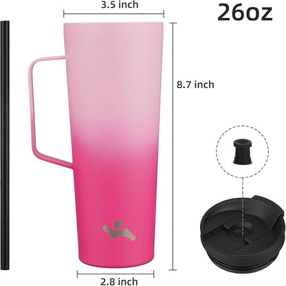 Insulated Tumbler with Handle and Straw, 26 OZ Travel Coffee Mug Stainless Steel Cup Metal Water Bottle,Cherry