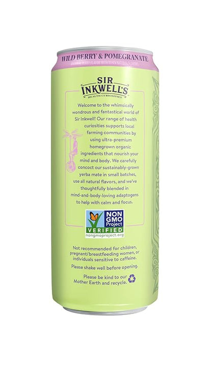 SIR INKWELL’S Adaptogen Yerba Mate Tea | Healthful Energy + Productivity 150 mg Organic Caffeine | 300mg Ashwagandha Reishi Ginseng |Non-GMO Certified | Wild Berry & Pomegranate 16oz 12pk