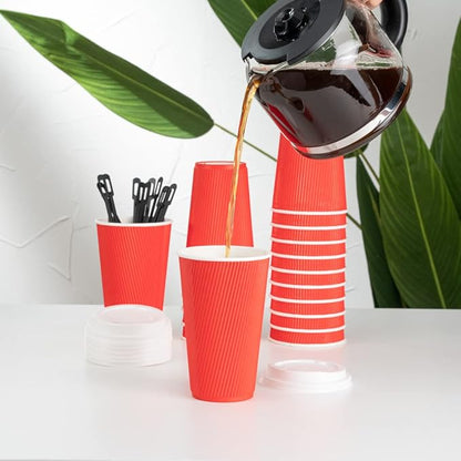 Restaurantware 16 Ounce Ripple Wall Disposable Coffee Cups, 500 Insulated Red Paper Tumblers with Rolled Rim Design, Lids Sold Separately for Hot Drinks like Tea, Hot Chocolate, and More