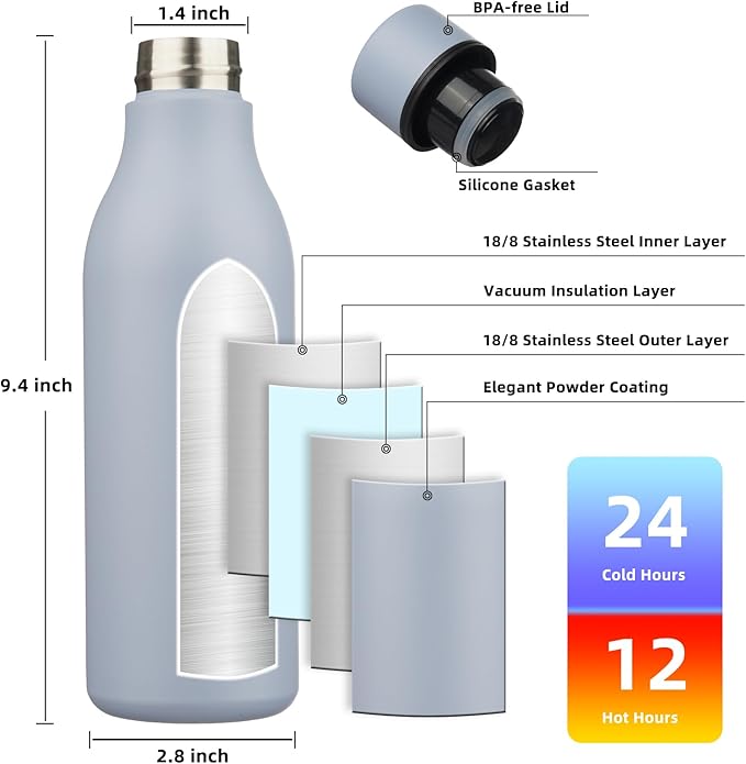 BJPKPK Insulated Water Bottles, 18 oz Stainless Steel Metal Water Bottle with Strap, BPA Free Leak Proof Jugs, Mugs, Flasks, Reusable Thermal Flasks for Sports & Travel, Mist Grey