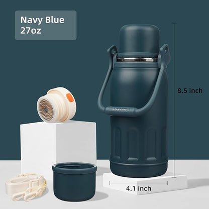 Insulated Water Bottle with Handle and Strap,Vacuum Travel Tumbler with Cup Lid,Thermo Coffee Cup for Hot Cold Drinks 27 OZ,Navy Blue