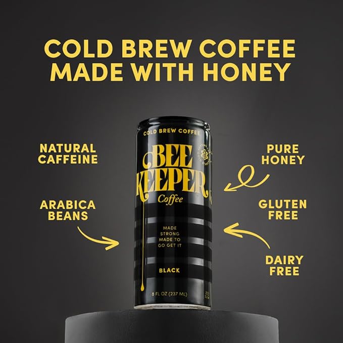 Beekeeper Coffee Black Cold Brew with Oregon Honey, 8 fl oz cans (Pack of 12), Ready-to-Drink, 180mg Natural Caffeine