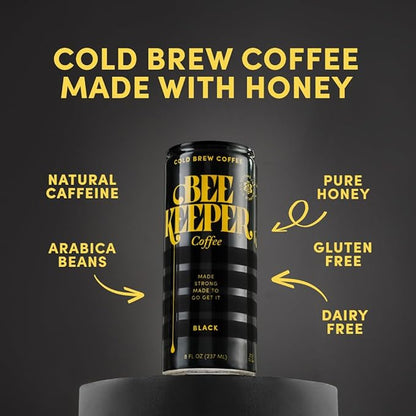 Beekeeper Coffee Black Cold Brew with Oregon Honey, 8 fl oz cans (Pack of 12), Ready-to-Drink, 180mg Natural Caffeine