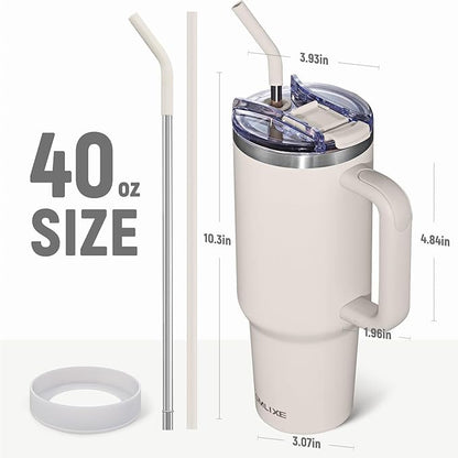 40 oz Tumbler with Handle and Straw Lid,Insulated Reusable Stainless Steel Water Bottle Travel Mug，Cupholder Friendly Double Wall Vacuum Sealed Cup (Almond Birch)