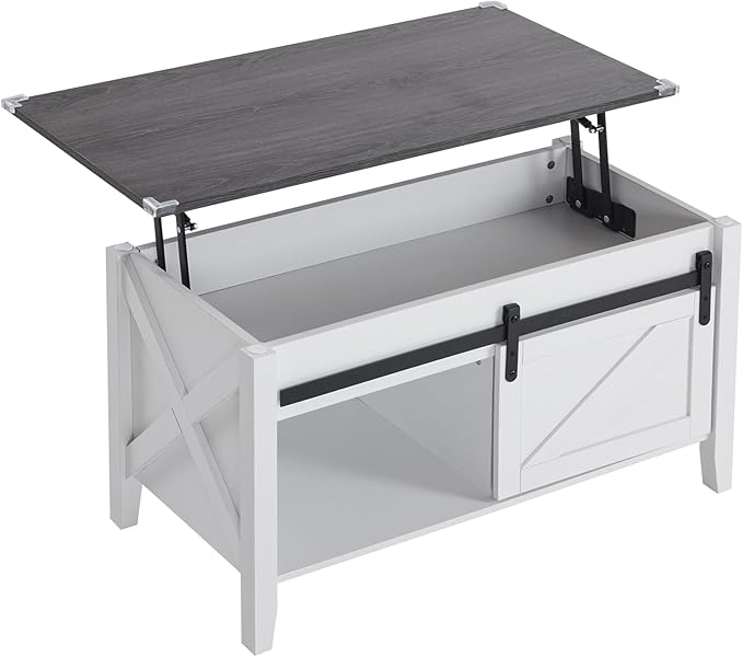 VINGLI White Charcoal Lift Top Coffee Table, 36" Small Farmhouse Barn Door Coffee Table with Storage, Rectangular Center Wood Coffe Table with Lifting Top, Living Room Tables with Hidden Compartment