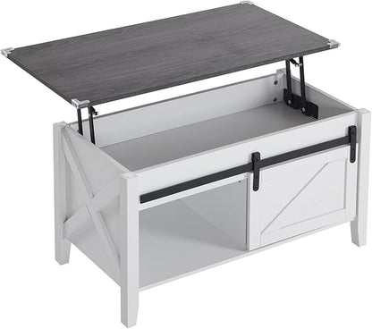 VINGLI White Charcoal Lift Top Coffee Table, 36" Small Farmhouse Barn Door Coffee Table with Storage, Rectangular Center Wood Coffe Table with Lifting Top, Living Room Tables with Hidden Compartment