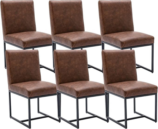 CIMOTA Modern Dining Chairs Set of 6, Leather Dining Room Chairs Upholstered Mid Century Armless Guest Side Chair with Black Base for Dining Room/Kitchen, Vintage Brown 6PCS
