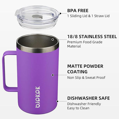 BJPKPK Insulated Coffee Mug with 2 Lids, 25oz Stainless Steel Insulated Tumbler with Handle, Double Wall Vacuum Coffee Cups, BPA Free Travel Mug for Coffee, Tea and Drinks, Purple