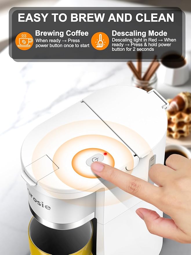 Slim Single Serve Coffee Maker, Fast Brew for K-Cup & Ground Coffee Small One Cup Coffee Maker, 6-12 Oz Brew Sizes, Coffee Machine with Descaling Reminder and Water Window,White