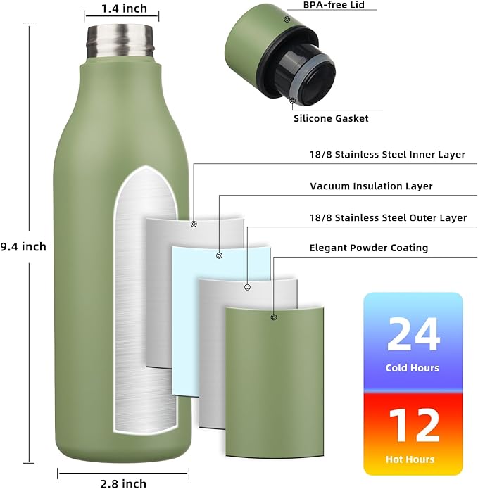 BJPKPK Insulated Water Bottles, 18 oz Stainless Steel Metal Water Bottle with Strap, BPA Free Leak Proof Jugs, Mugs, Flasks, Reusable Thermal Flasks for Sports & Travel, Forest Green