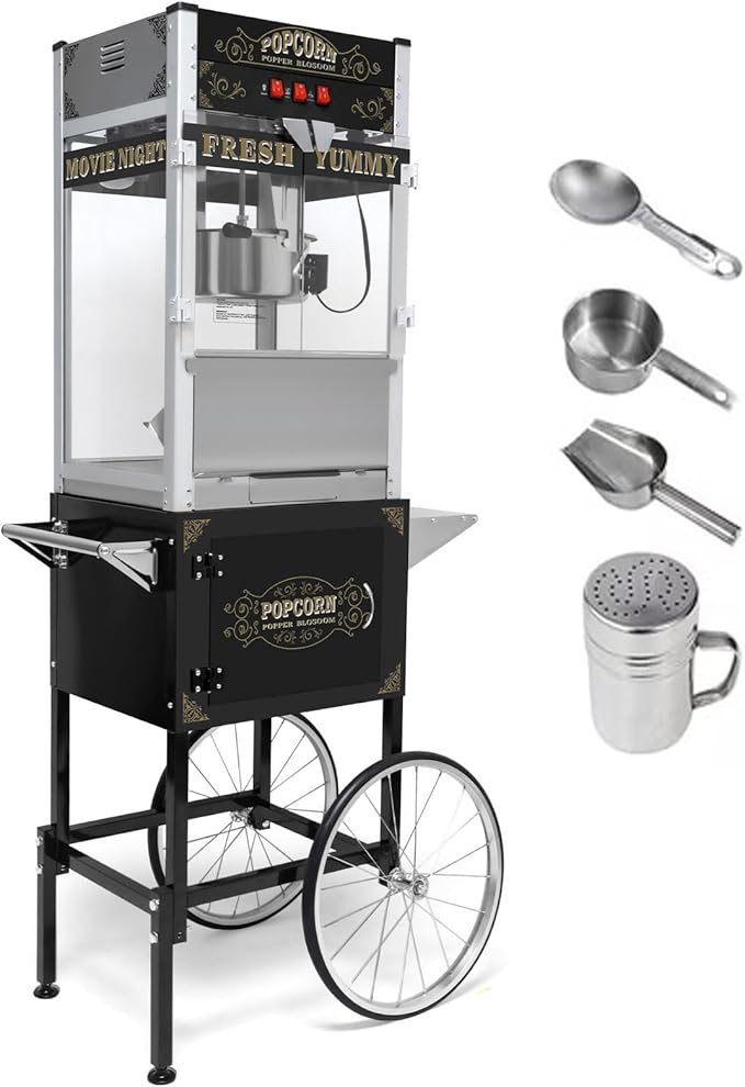 Commercial Popcorn Maker with Cart & 20oz Kettle, 1440W Vintage Popcorn Machine on Wheels with Tempered Glass & Warming Deck for Theater, Business, Home Party Events, Black
