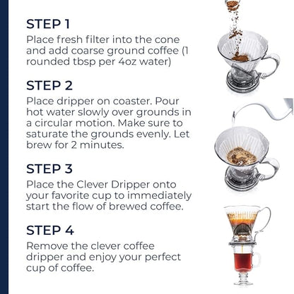 Clever Coffee Dripper and Filters, Large 18 oz, Original Classic Design, Safe BPA Free Plastic, dripper coffee maker, drip coffee maker pour over, 100 filters, coaster and lid, 18 oz (Clear)