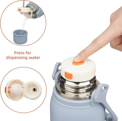 Insulated Water Bottle with Handle and Strap,Vacuum Travel Tumbler with Cup Lid,Thermo Coffee Cup for Hot Cold Drinks 40 OZ,Blue Haze