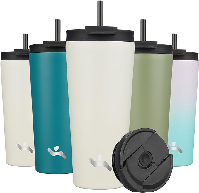 22 OZ Insulated Tumbler with Lid and 2 Straws Stainless Steel Water Bottle Vacuum Travel Mug Coffee Cup,Angel White