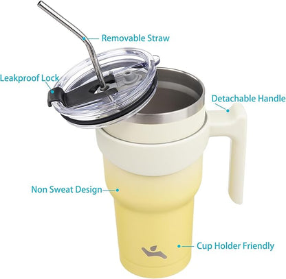 30 oz Tumbler with Handle and 2 Straw 2 Lid, Insulated Water Bottle Stainless Steel Vacuum Cup Reusable Travel Mug,Lemon