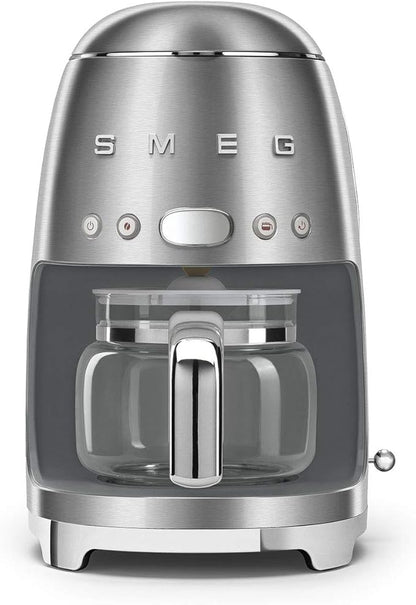 Smeg 50's Retro Style Aesthetic Drip Coffee Machine with 10 Cup Glass Carafe, Auto Start Feature, Keep Warm Plate, and Two Coffee Strength Settings (Brushed Stainless Steel)