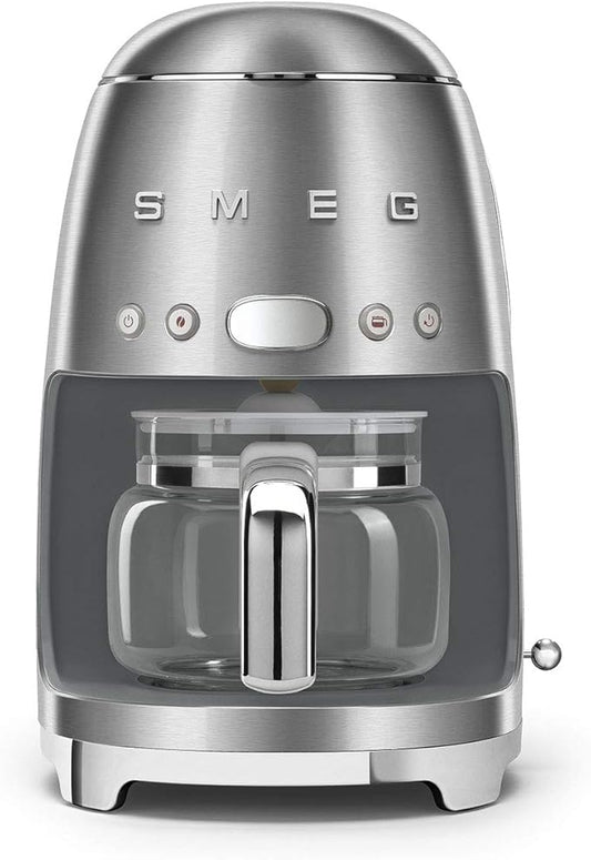 Smeg 50's Retro Style Aesthetic Drip Coffee Machine with 10 Cup Glass Carafe, Auto Start Feature, Keep Warm Plate, and Two Coffee Strength Settings (Brushed Stainless Steel)