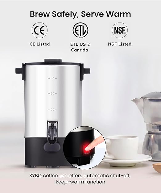 SYBO 6L Commercial Coffee Maker, Stainless Steel Coffee Urn With Cool-Touch Handles, Electric Coffee Pot Hot Beverage Dispenser, Quick-Brewing Coffee Urn, For Events,Party & Catering - 45 Cup