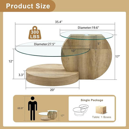 35 Inch Glass Coffee Table，Round Coffee Table with 2-Tier Tempered Glass Tabletop，Easy to Clean Circle Coffee Table with Sturdy Base for Living Room，Office (Natural Wood-Colored Base)