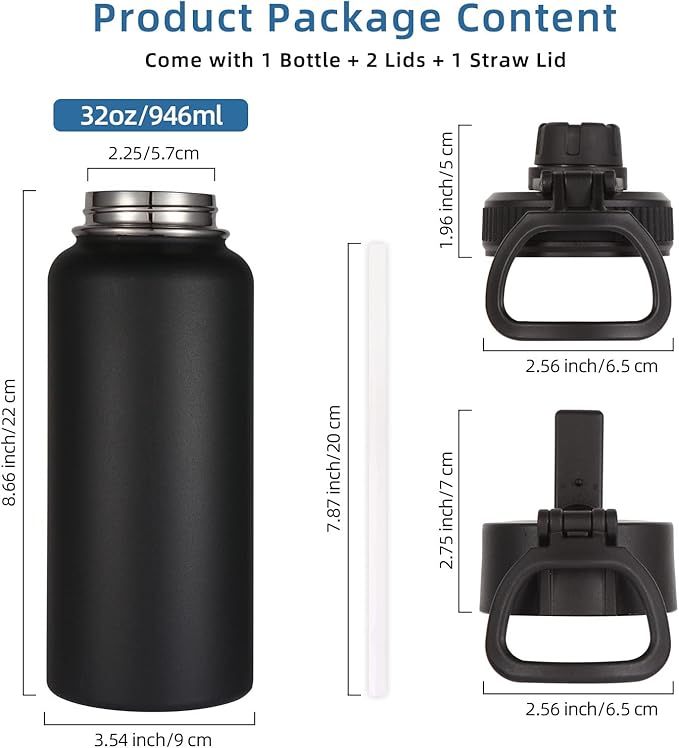 Volhoply 32 oz Insulated Water Bottle with Straw Lid and Spout Lid,Stainless Steel Sports Water Bottle,Double Wall Vacuum Cups,Leakproof Metal Flask with Wide Mouth for Hiking,Camping(Black,1)