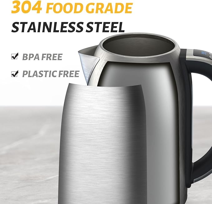 Electric Kettle, 1.7L/1500W, Stainless Steel, Digital Touch Panel, Keep Warm Function, Auto Shutoff, BPA-Free, Hot Water Kettle for Coffee & Tea, No Plastic Contact with Water (Light Green)