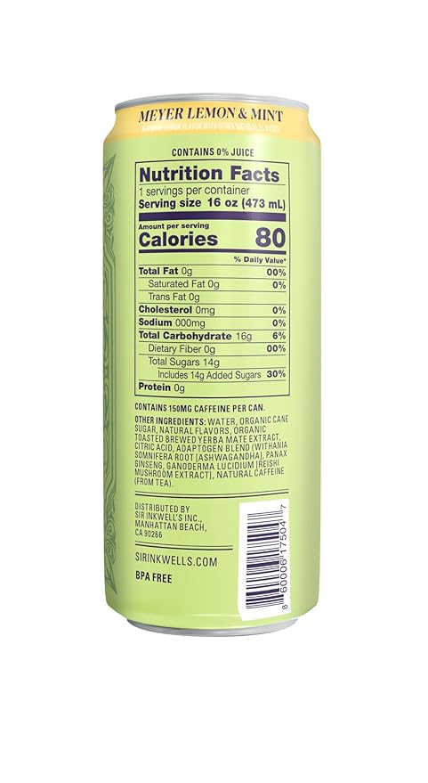 SIR INKWELL'S Adaptogen Yerba Mate Tea | Healthful Energy + Productivity 150 mg Organic Caffeine | 300mg Ashwagandha Reishi Ginseng | Non-GMO Certified | Meyer Lemon & Mint 16oz 12pk