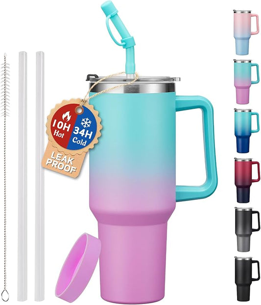 40 oz Water Bottle Tumbler with Lid and Straw - Wide Mouth Travel Coffee Mug with Handle, Reusable Leakproof Stainless Steel Vacuum Insulated Cup Keep Cold 34 Hrs Hot 10 Hrs